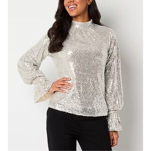 Women's XL Champagne Silver Sequin Draped Back‎ Lined Flare Sleeve Bold Elements